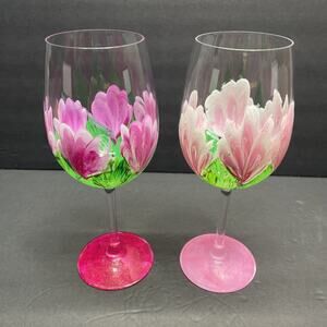 Hand Painted Stemmed Wine Glasses Artist Signed Floral Pattern Set of 2 Spring